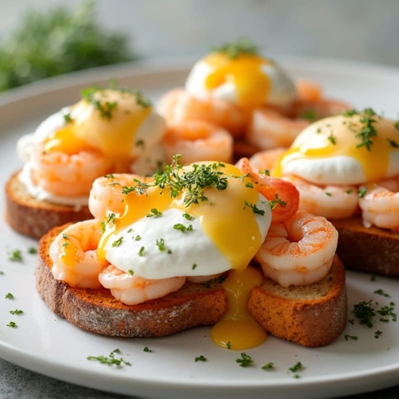 Creamy Lemon Dill Shrimp with Poached Eggs and Sweet Potato Toast