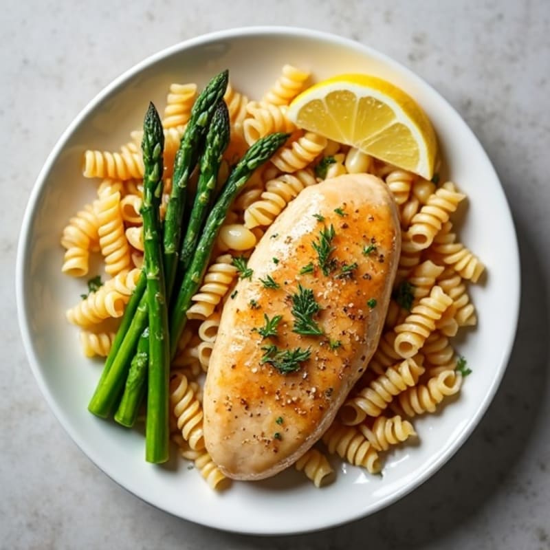 Lemon Garlic Chicken Pasta with Roasted Asparagus