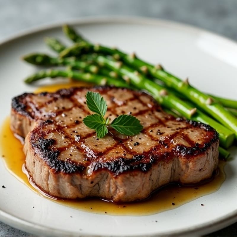 Pan-Seared Lamb Steak with Garlic Roasted Asparagus