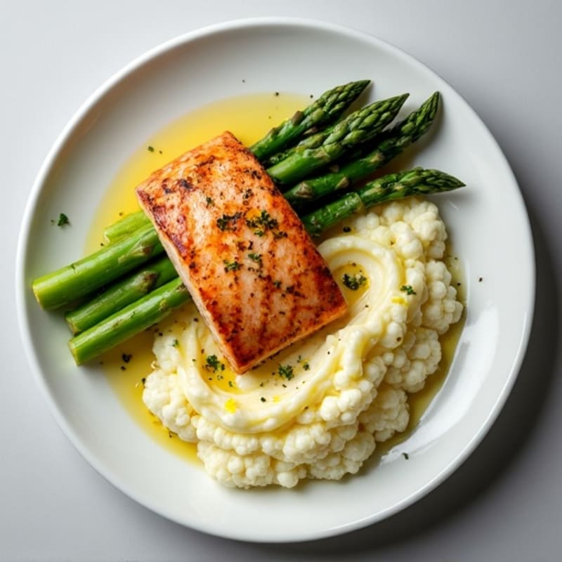 Seared Salmon with Steamed Asparagus and Garlic Mashed Cauliflower
