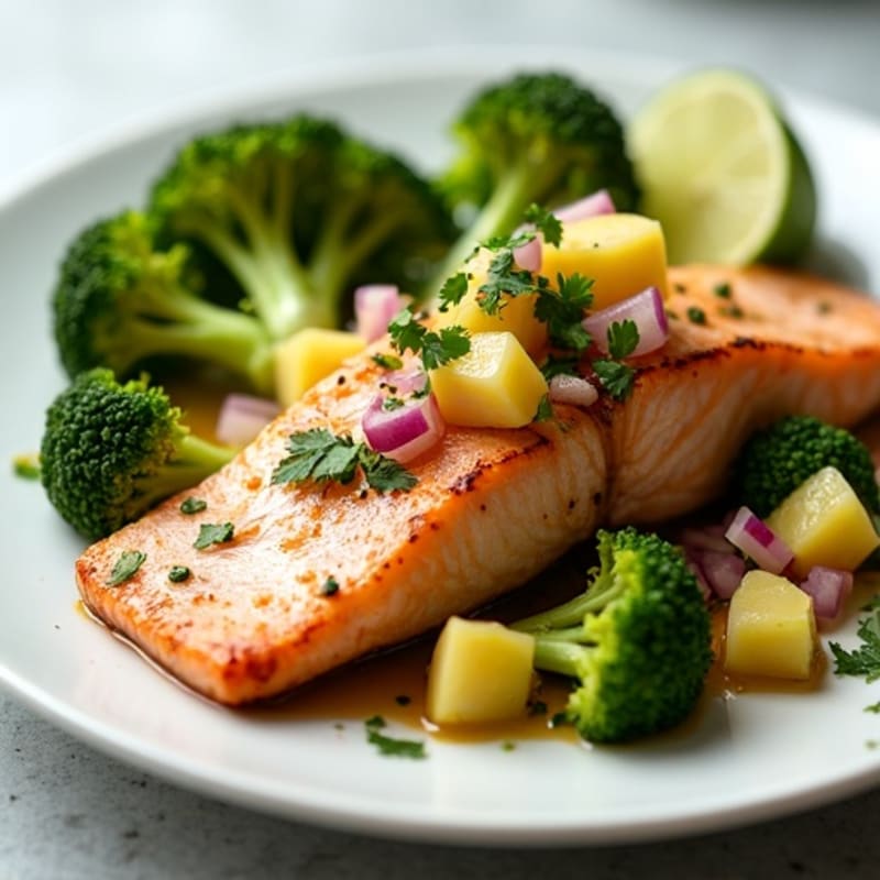 Seared Salmon with Roasted Broccoli and Pineapple Salsa