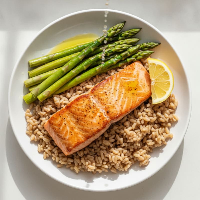 Seared Salmon with Steamed Asparagus and Brown Rice