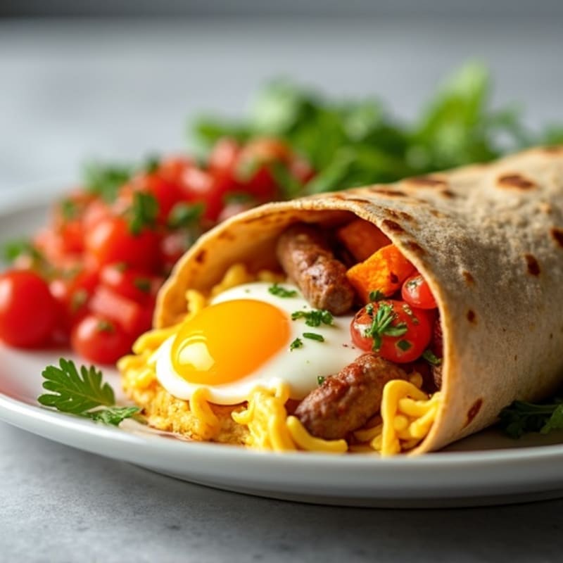 Hearty Egg and Turkey Sausage Breakfast Burrito with Roasted Sweet Potatoes and Fresh Pico de Gallo