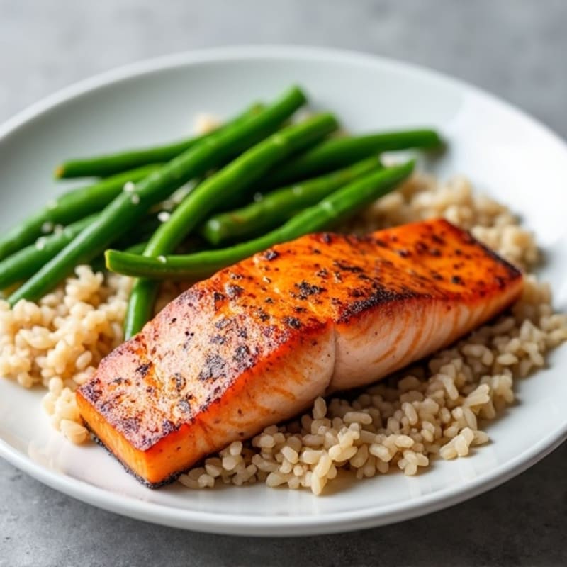 Seared Salmon with Steamed Green Beans and Brown Rice