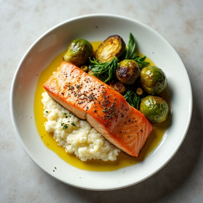 Seared Salmon with Roasted Brussels Sprouts and Cauliflower Mash