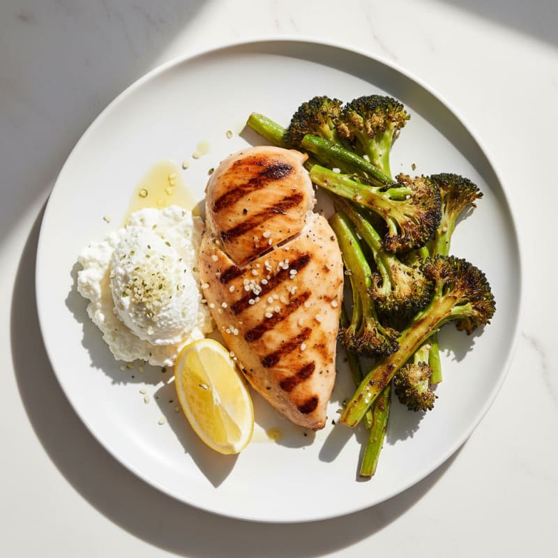 Grilled Chicken Breast with Creamy Cottage Cheese and Roasted Broccoli