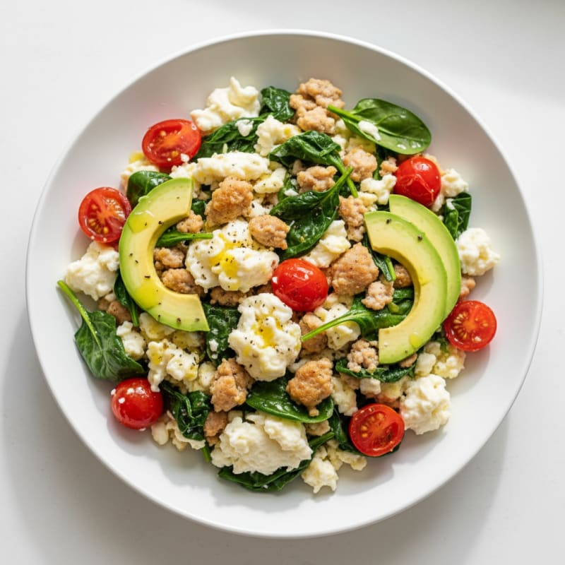 Egg White and Turkey Sausage Scramble with Spinach and Cherry Tomatoes