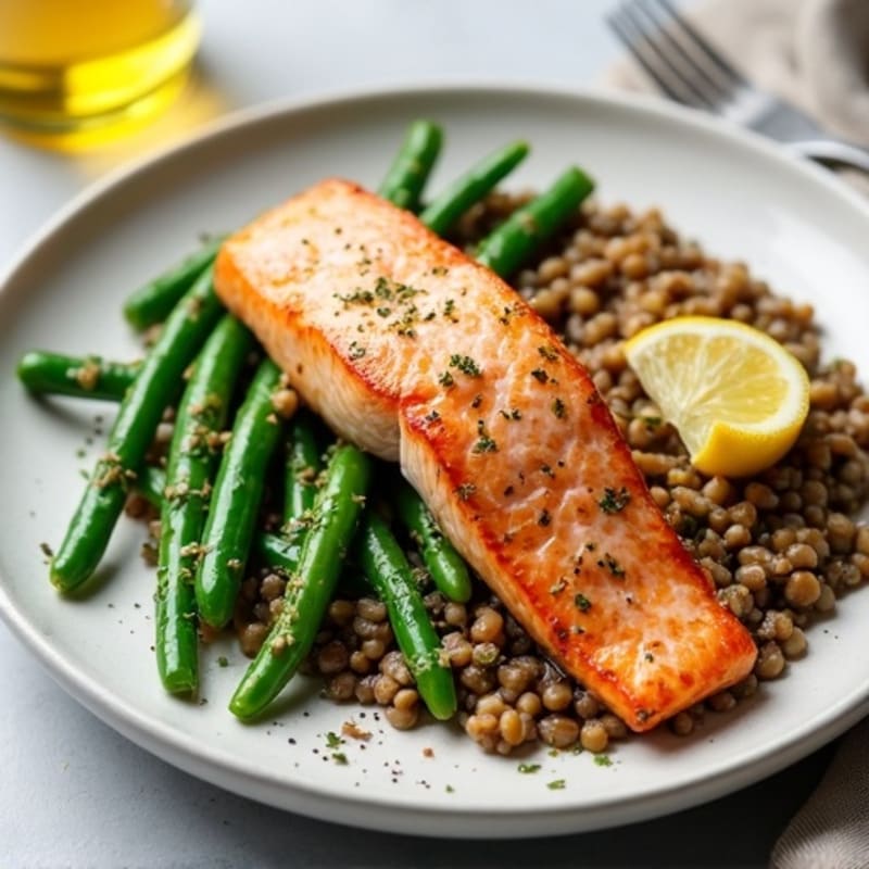 Seared Salmon Fillet with Garlic Green Beans and Lentil Mash