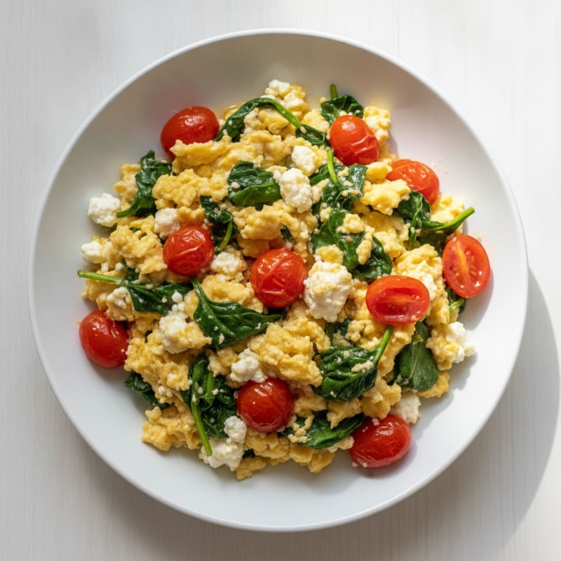 Cottage Cheese Egg Scramble with Spinach and Cherry Tomatoes