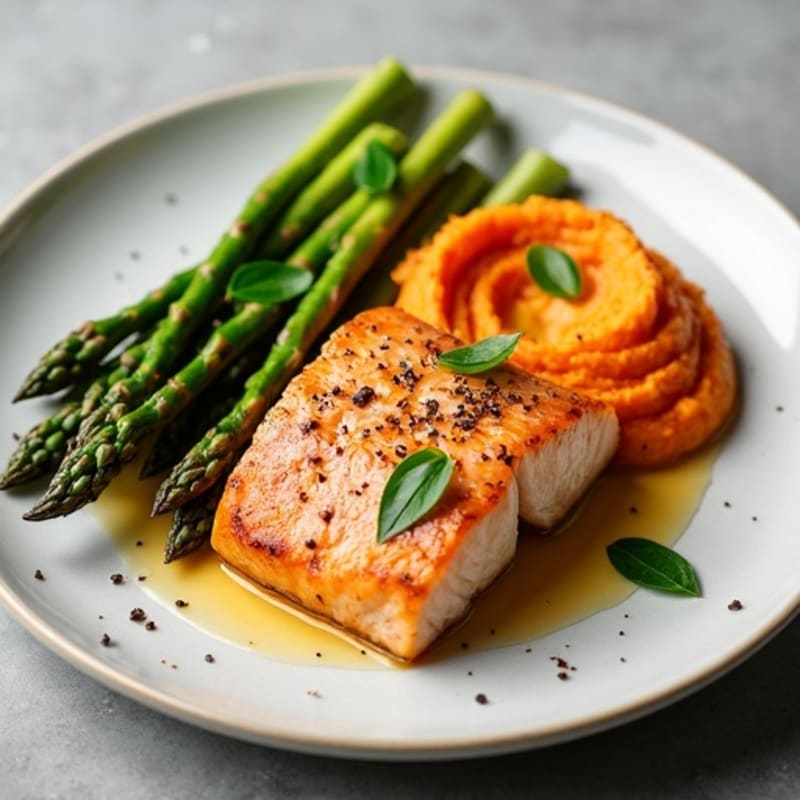 Seared Salmon with Roasted Asparagus and Sweet Potato Mash