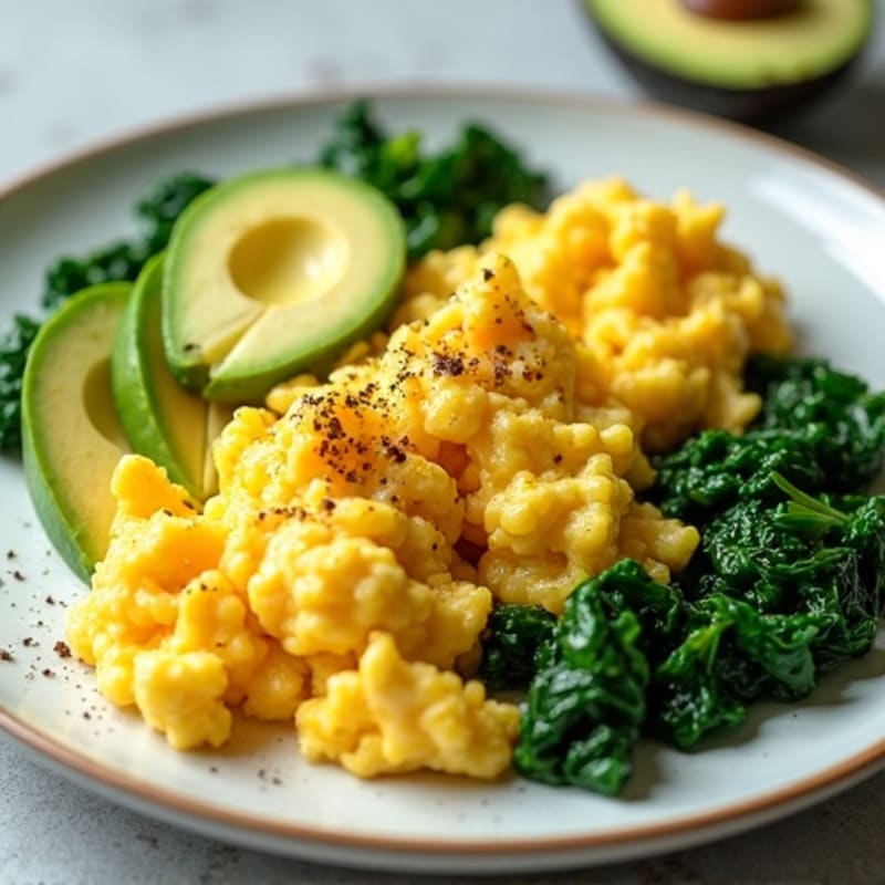 Fluffy Scrambled Eggs with Sautéed Greens and Avocado