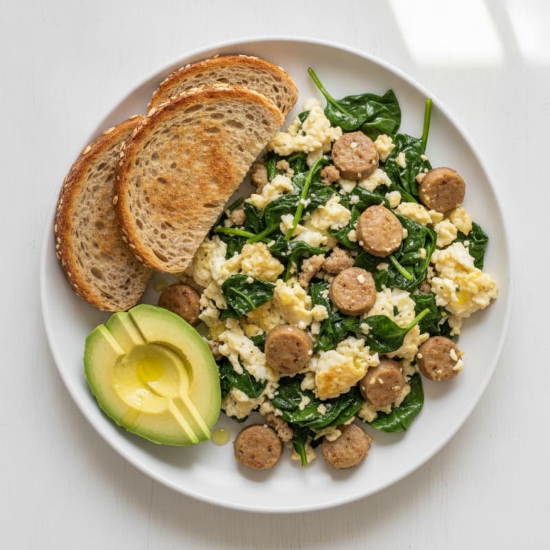 Egg White and Turkey Sausage Scramble with Sautéed Spinach