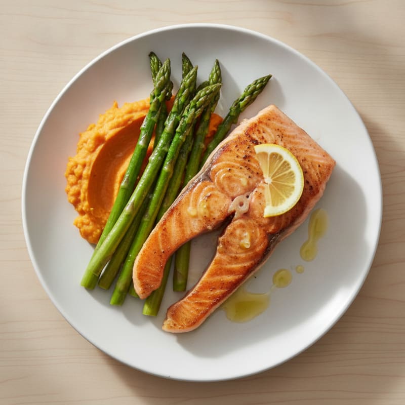 Seared Salmon Fillet with Roasted Asparagus and Sweet Potato Mash