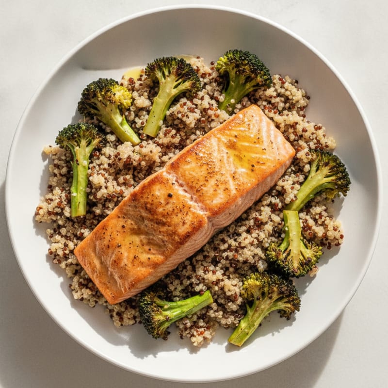 Seared Salmon Fillet with Roasted Broccoli and Quinoa