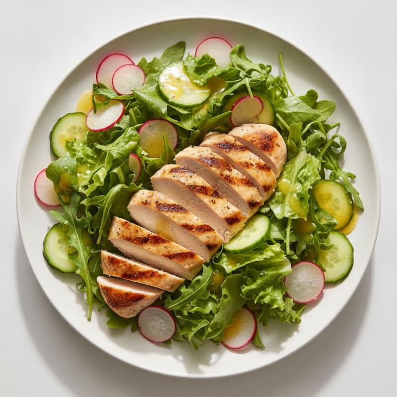 Grilled Chicken Salad with Crunchy Greens and Lemon Vinaigrette