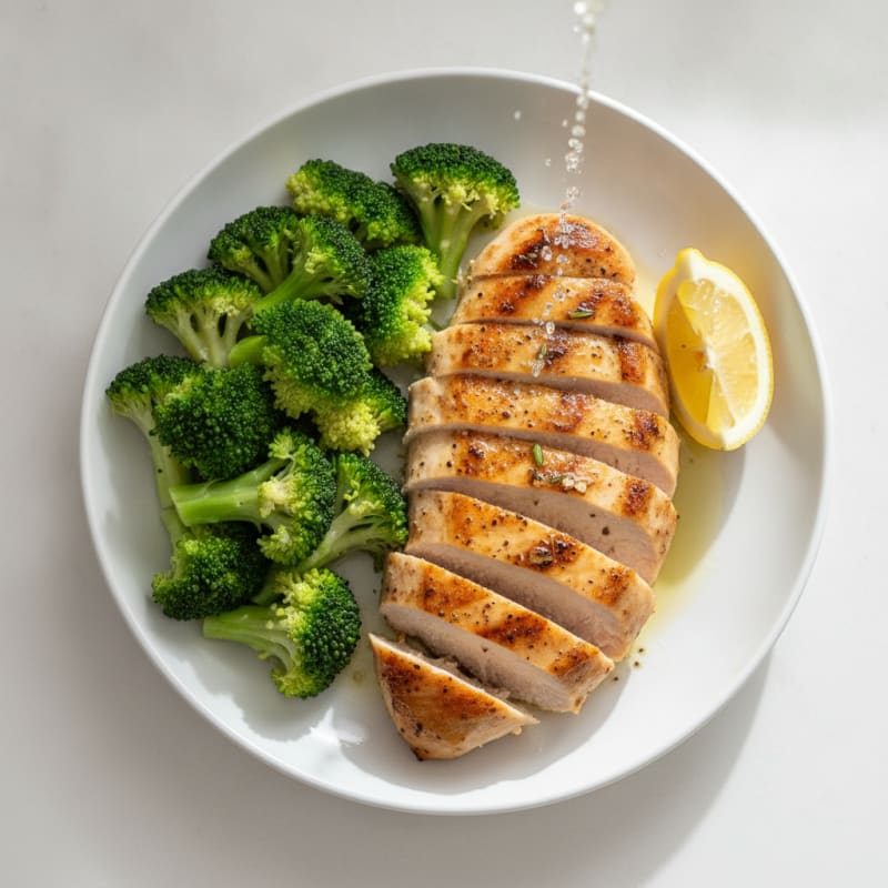 Grilled Chicken Breast with Steamed Broccoli and Lemon