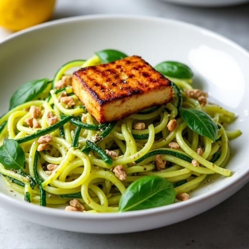 Crisp-Tender Zucchini Noodles with Creamy Vegan Basil Pesto & Tofu