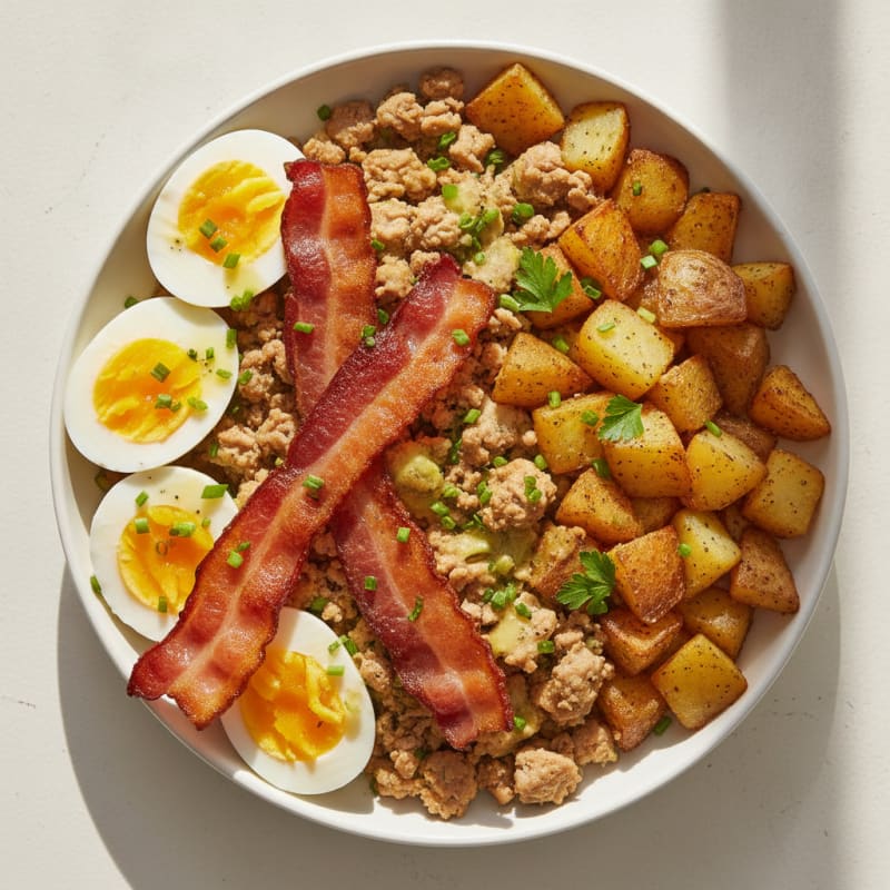 Crispy Bacon and Boiled Eggs with Home Fries