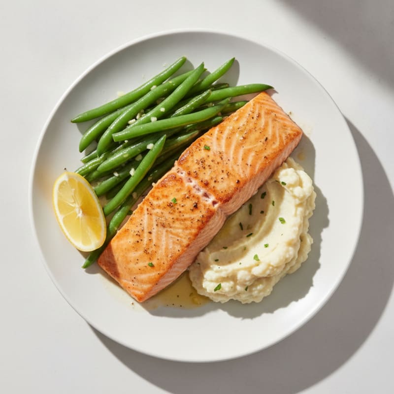 Baked Salmon with Garlic Green Beans and Cauliflower Mash