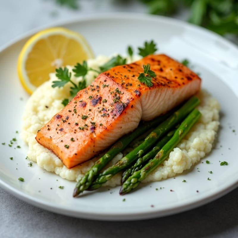 Seared Salmon Fillet with Steamed Asparagus and Cauliflower Mash