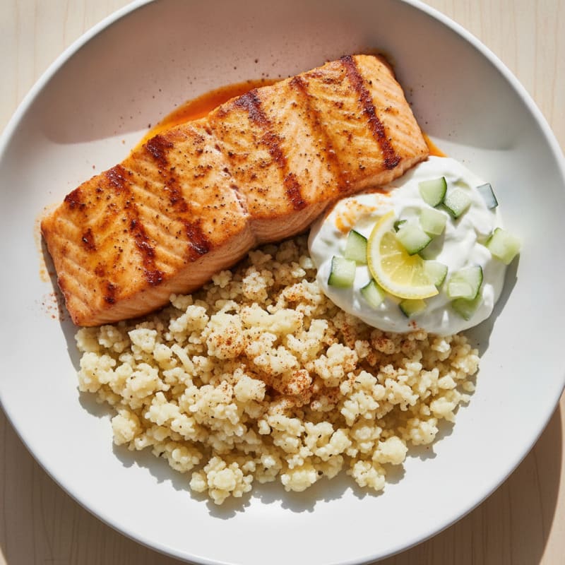 Grilled Tandoori Salmon Bowl with Cucumber Yogurt