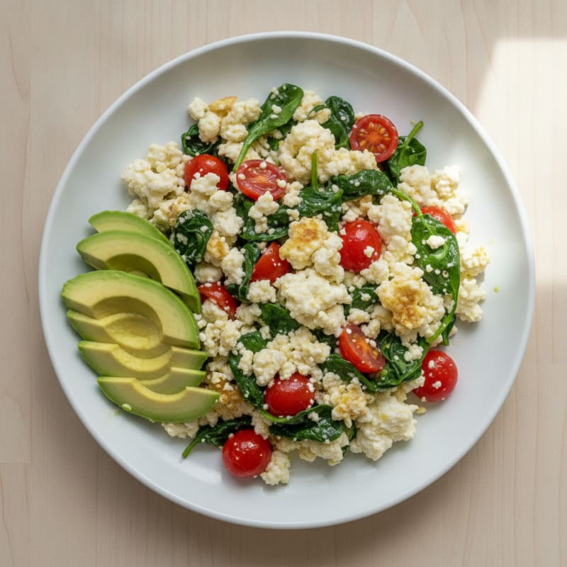 Egg White and Cottage Cheese Scramble with Spinach and Cherry Tomatoes