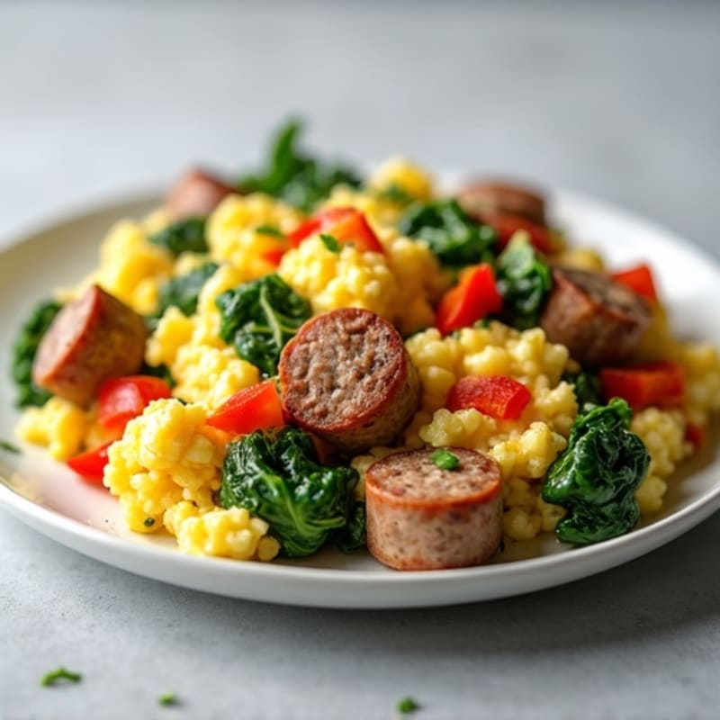 Egg White Scramble with Turkey Sausage and Sautéed Spinach