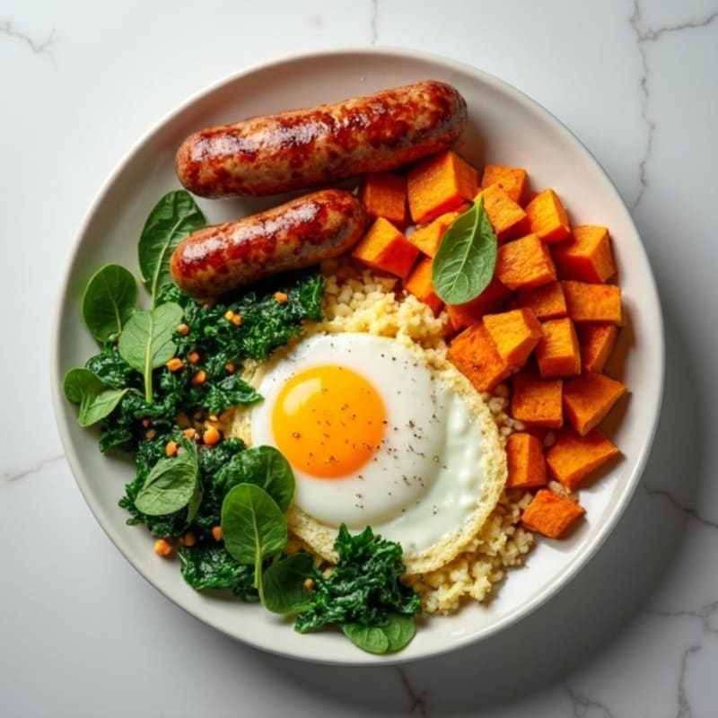 Egg White and Turkey Sausage Scramble with Spinach and Roasted Sweet Potatoes