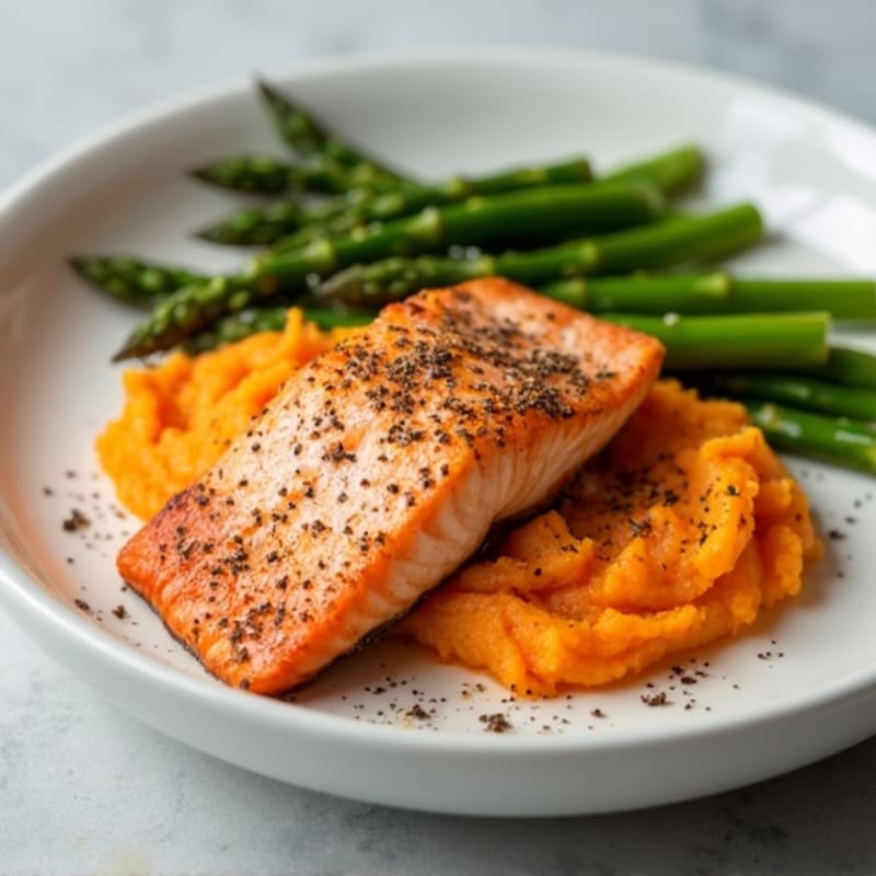 Seared Salmon with Steamed Asparagus and Sweet Potato Mash