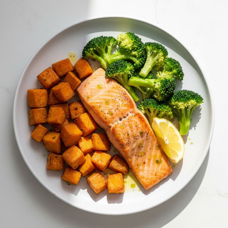 Seared Salmon with Roasted Sweet Potatoes and Steamed Broccoli