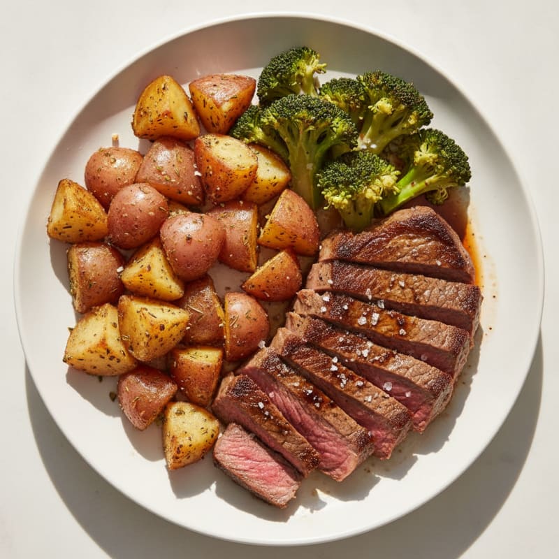 Seared Steak with Garlic Roasted Potatoes and Steamed Broccoli
