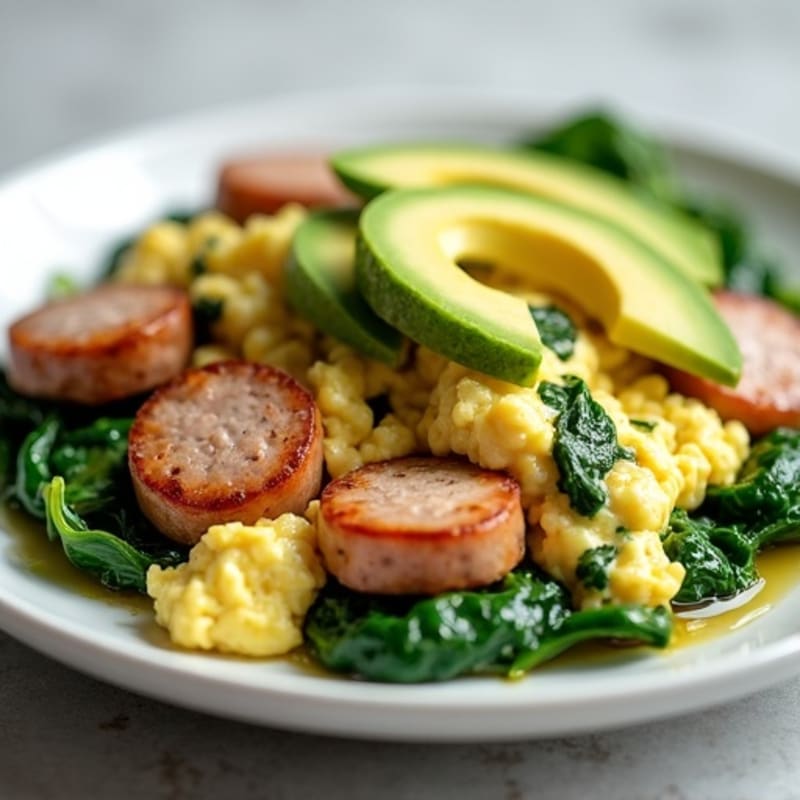 Egg White Scramble with Turkey Sausage and Sautéed Spinach