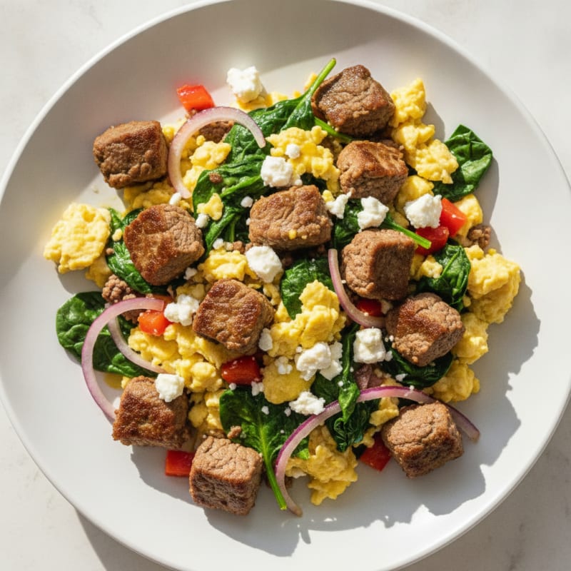 Scrambled Eggs with Lean Ground Beef and Spinach
