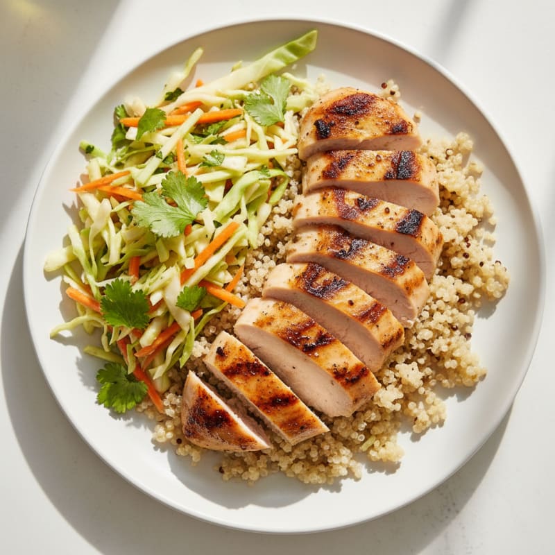 Grilled Chicken Breast with Crunchy Cabbage Slaw and Quinoa