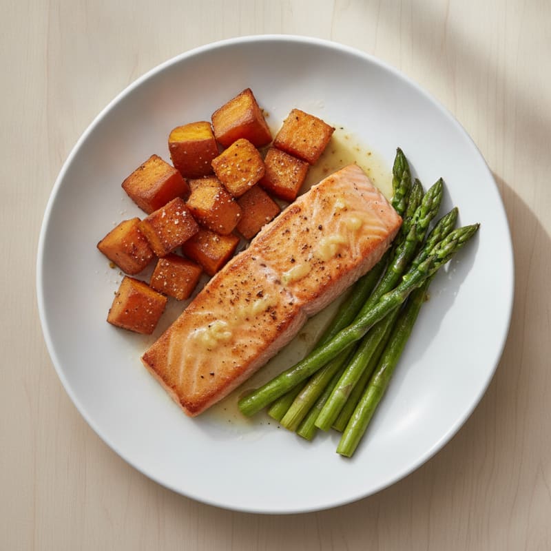 Seared Salmon Fillet with Roasted Sweet Potato and Asparagus