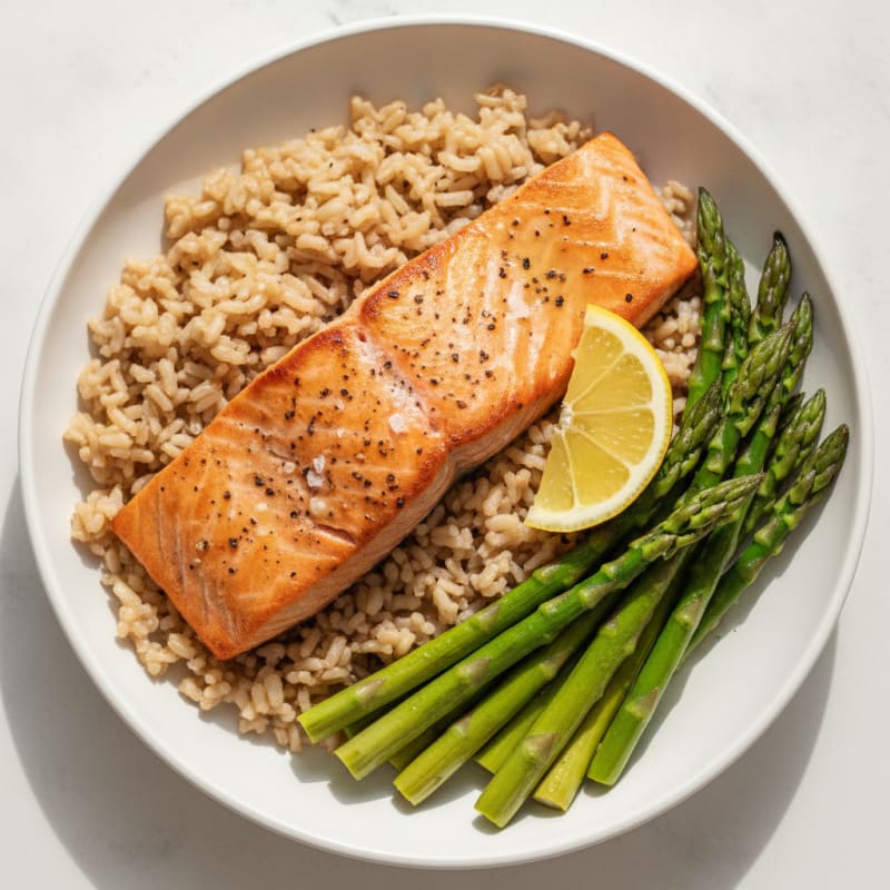 Seared Salmon with Steamed Asparagus and Brown Rice