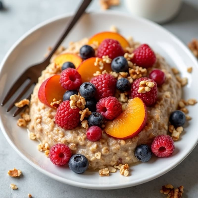 Baked Sweet Peach and Berry Oatmeal with Crispy Nut Topping