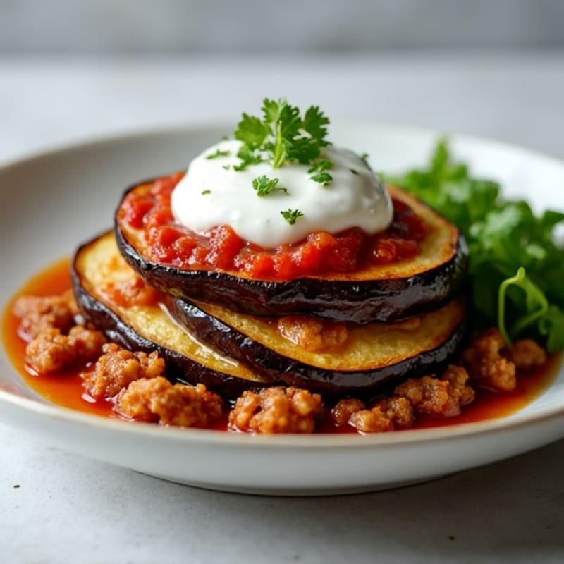 Lean Spiced Lamb and Roasted Eggplant Layered Bake with Creamy Topping