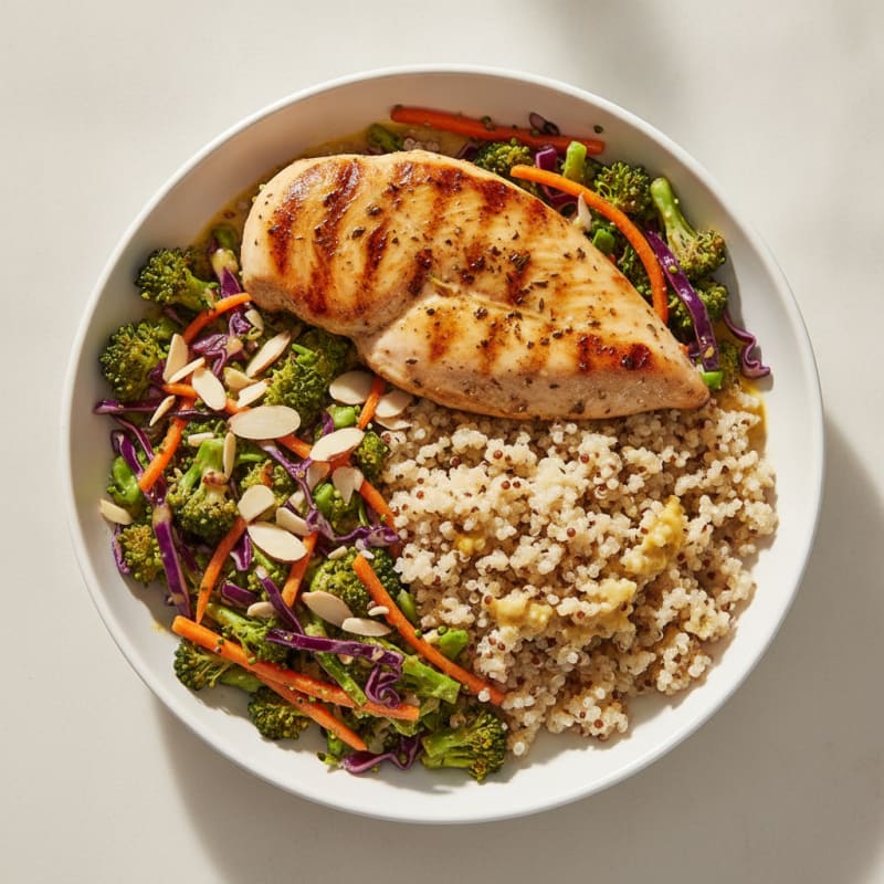 Grilled Chicken Breast with Quinoa and Crunchy Broccoli Slaw