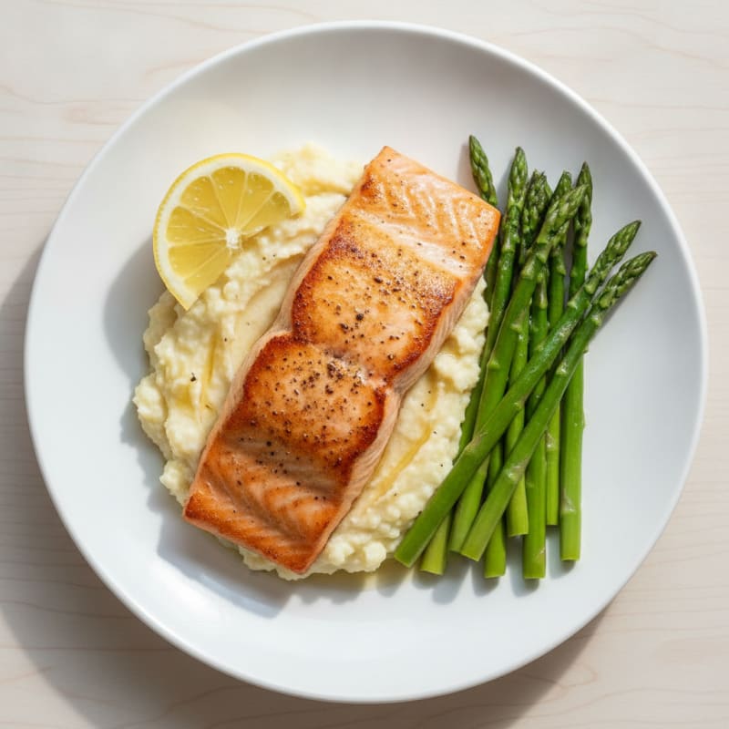 Seared Salmon with Steamed Asparagus and Garlic Cauliflower Mash