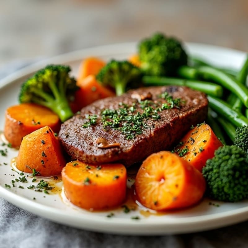 Herb-Roasted Beef with Sweet Potatoes and Crispy Green Beans and Broccoli