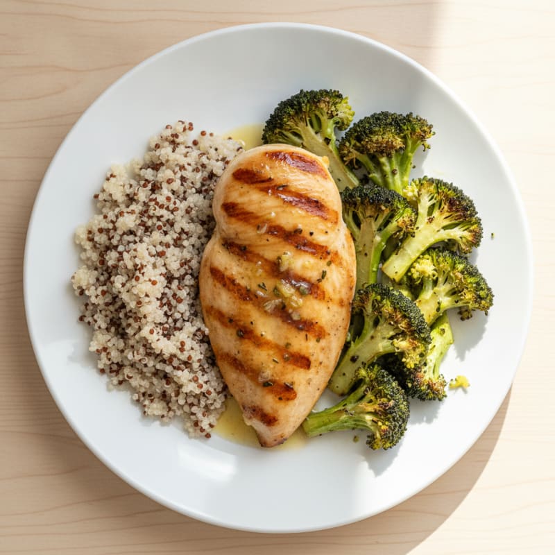Grilled Lemon-Garlic Chicken Breast with Quinoa and Roasted Broccoli