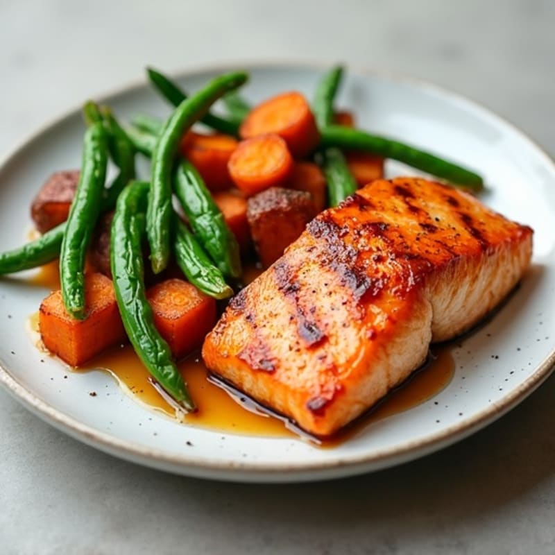 Maple Glazed Salmon with Roasted Sweet Potatoes and Green Beans