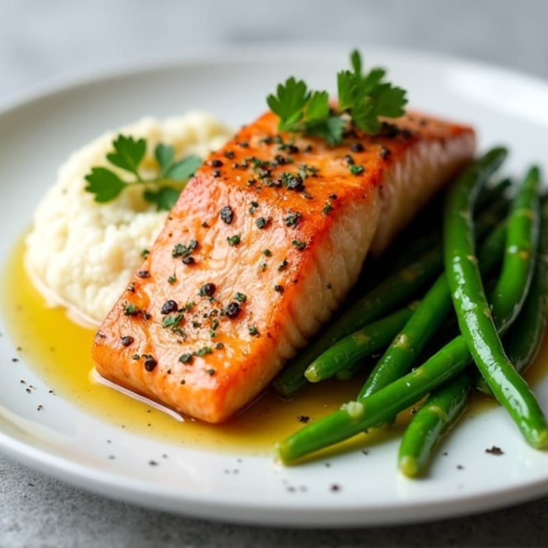 Seared Salmon with Herbed Cauliflower Mash and Green Beans