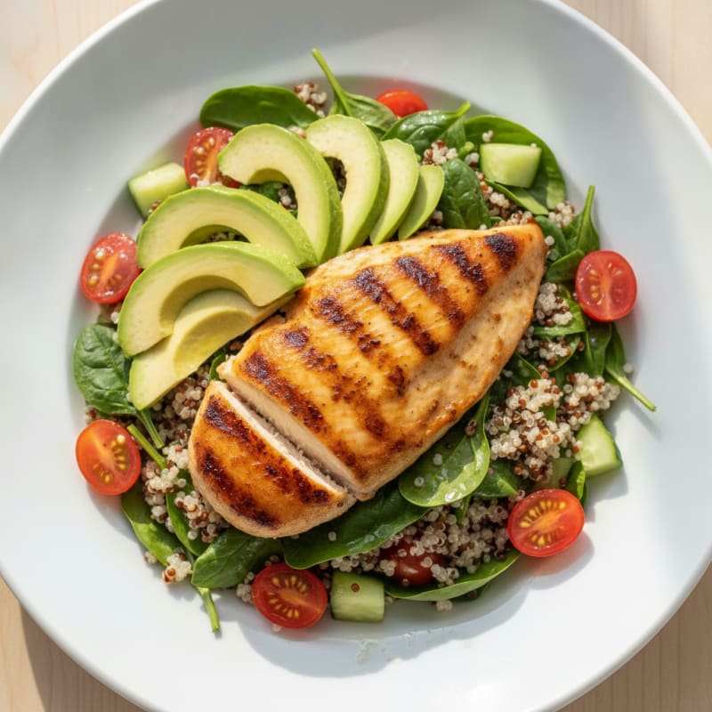 Grilled Chicken and Quinoa Salad with Avocado and Spinach