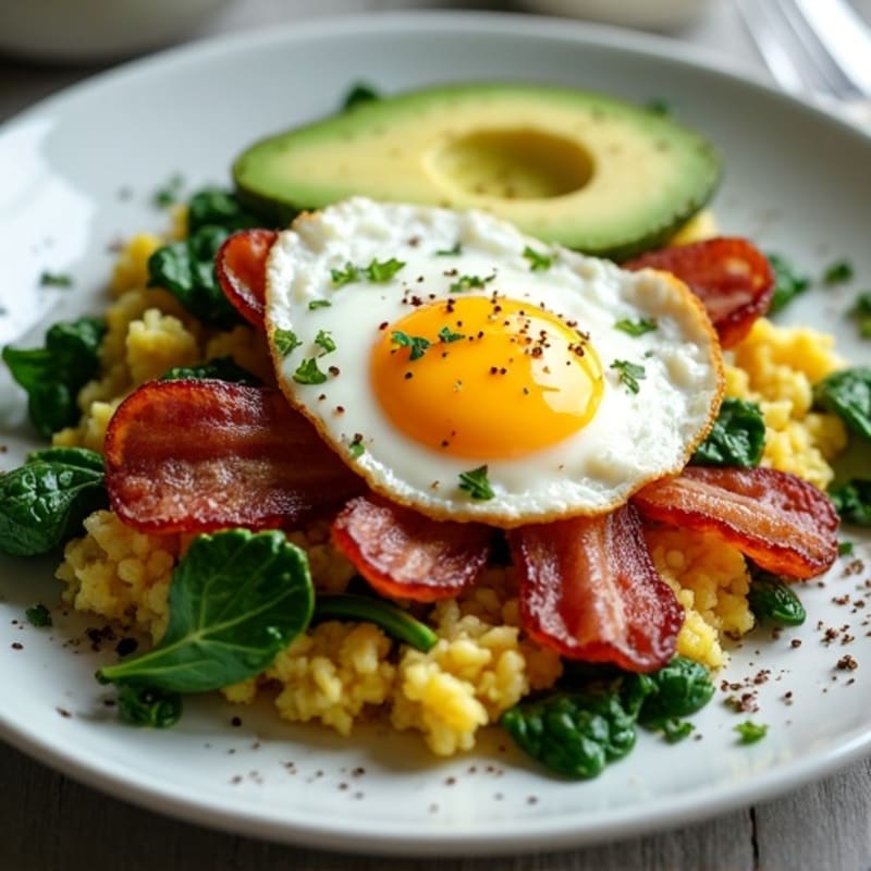 Crispy Turkey Bacon and Egg White Scramble with Sautéed Spinach