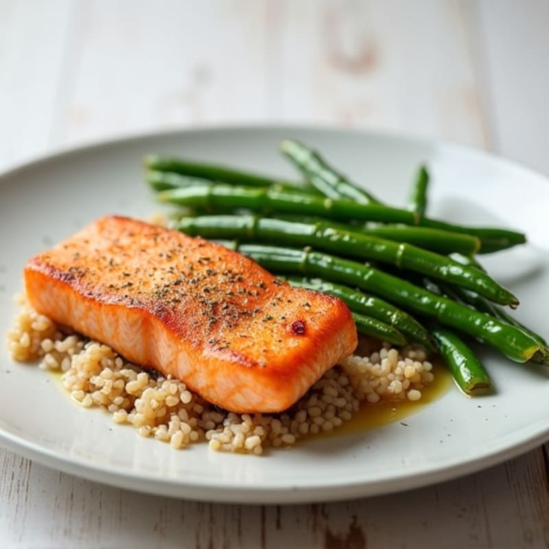Seared Salmon with Steamed Green Beans and Brown Rice
