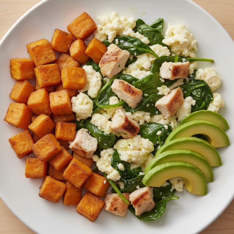 Egg White and Spinach Scramble with Grilled Chicken and Roasted Sweet Potato