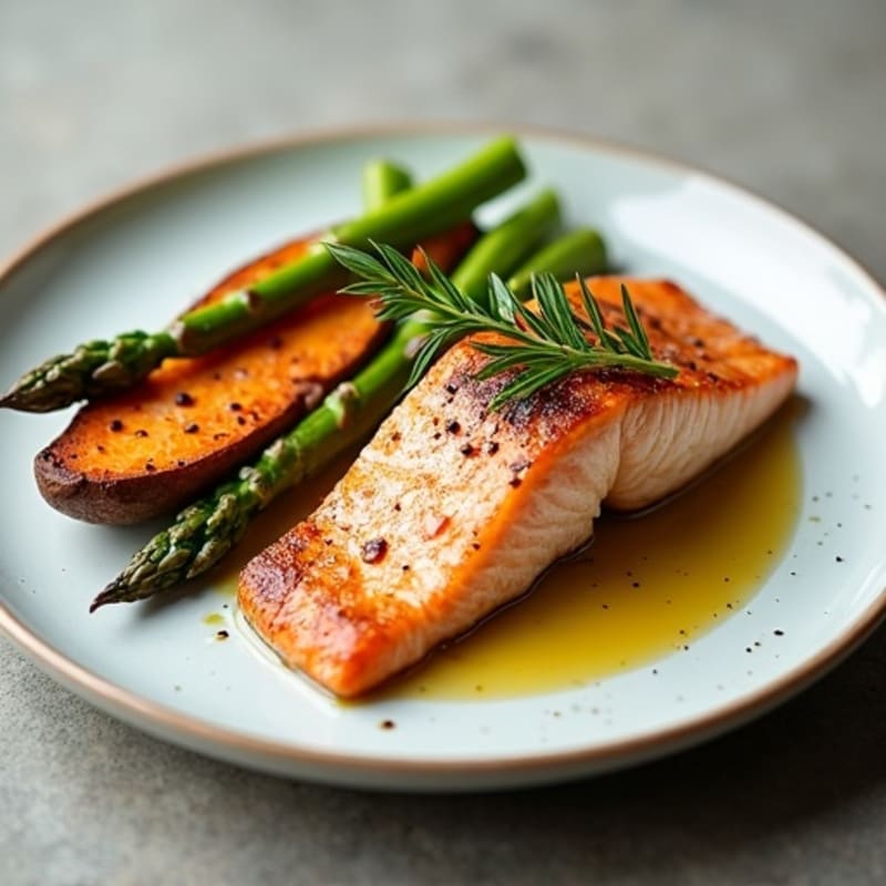 Seared Salmon with Roasted Sweet Potato and Asparagus