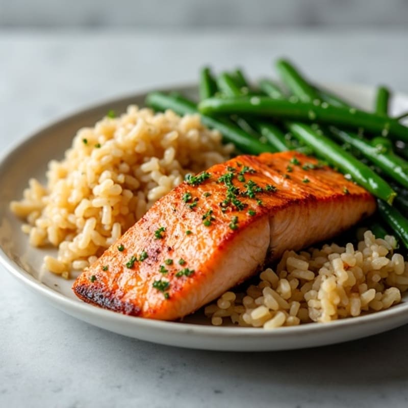 Seared Salmon with Garlic Green Beans and Brown Rice